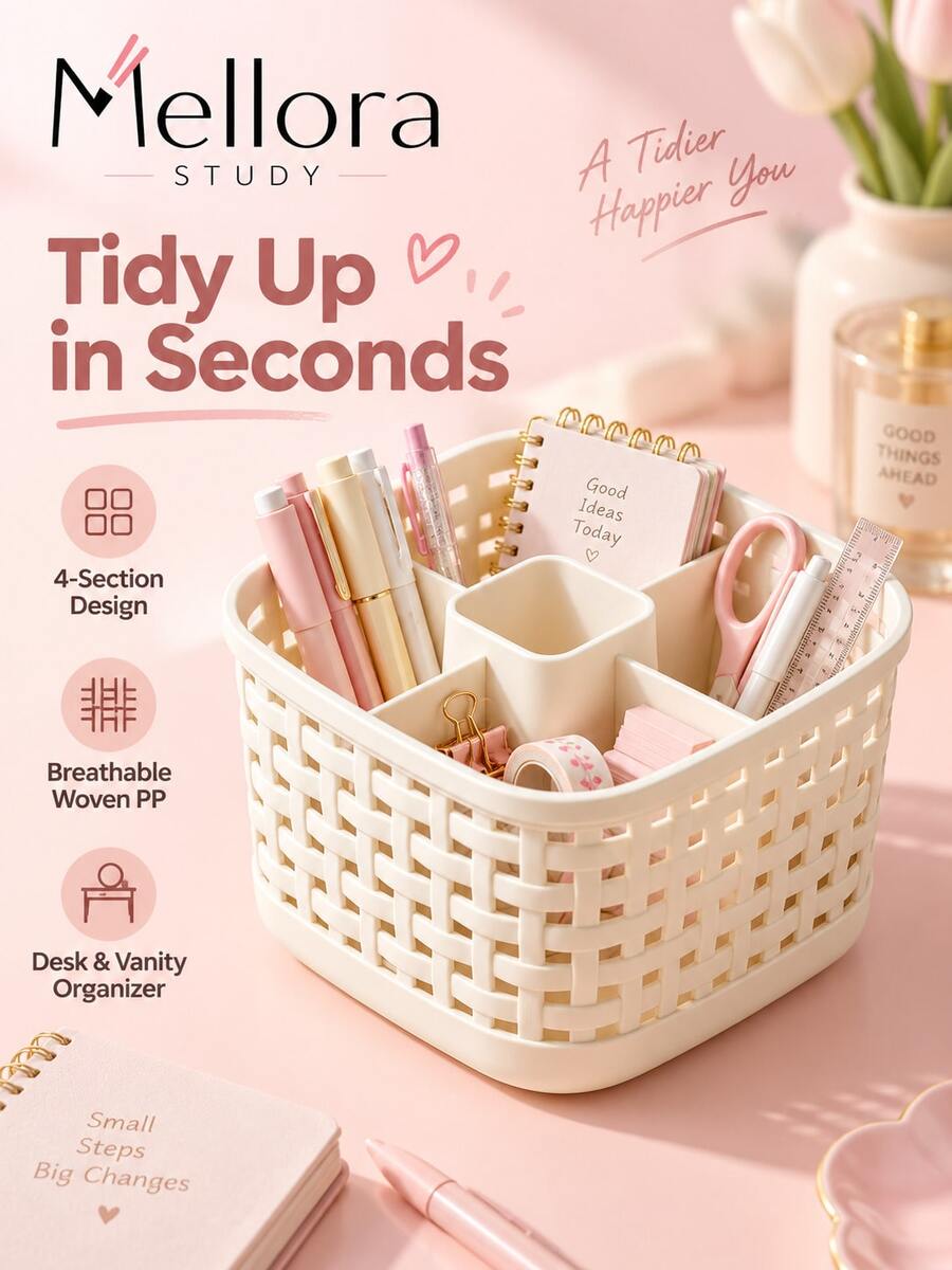 1pc 4 Compartments Imitation Rattan Desk Organizer, PP Woven Storage Box, Multi-Grid Desktop Storage Basket For Stationery Cosmetics, Office Vanity Table Organizer - Multicolor - View 1