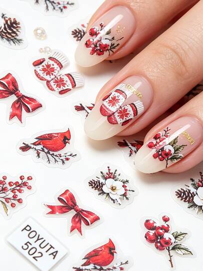 1pc Red Bow, Bird, White Camellia, Pine Cone, Knitted Gloves And Berry Branch Nail Stickers, Christmas Theme, Shiny Surface, Asymmetrical Shape, Mori Style, Ins, Suitable For Holiday Party