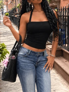 Summer Casual T-Shirt Solid Color Halter Sleeveless Tops Party Outfits Going Out Tops Women - Black - View 2