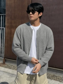 Men's Zip-Up Cardigan Sweater, Loose Casual Relaxed Minimalist Versatile Drop Shoulder Solid Color Lightweight Knit Jacket, Autumn/Winter - Grey - View 1