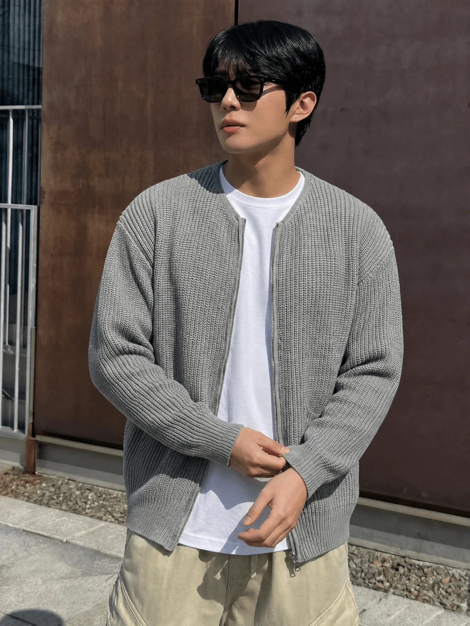 Men's Zip-Up Cardigan Sweater, Loose Casual Relaxed Minimalist Versatile Drop Shoulder Solid Color Lightweight Knit Jacket, Autumn/Winter - Grey - View 1