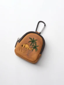 Vintage Camel Palm Tree Mini Leather Coin Purse With Carabiner, Earphone & Key Storage Bag, Portable PU Leather Earphone Organizer, Outdoor Travel Mini Bag - Multicolor - View 12