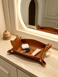 1pc Cat Shaped Storage Tray, Minimalist Faux Leather Foldable Decorative Tray With Metal Button Details, Desktop Catchall Organizer For Entryway Bedroom Daily Use - Multicolor - View 8