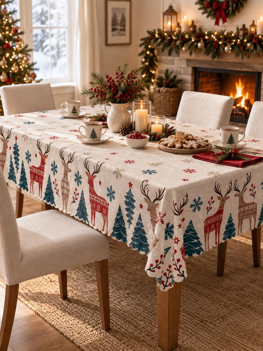 1pc Ivory Nordic Reindeer Tablecloth, Vintage Christmas Polyester Round/Rectangle Table Cover With Blue Pine Trees, Snowflakes & Red Berry Border, Xmas Dining Decor For Holiday Party, Farmhouse Kitchen, Winter Season - Multicolor - View 1