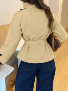 Veste trench pour femme printemps automne hiver, élégante veste de ville couleur kaki col montant double boutonnage trench court avec ceinture à la taille et design d'épaulettes, veste de ville début automne style britannique - Kaki - Voir 3