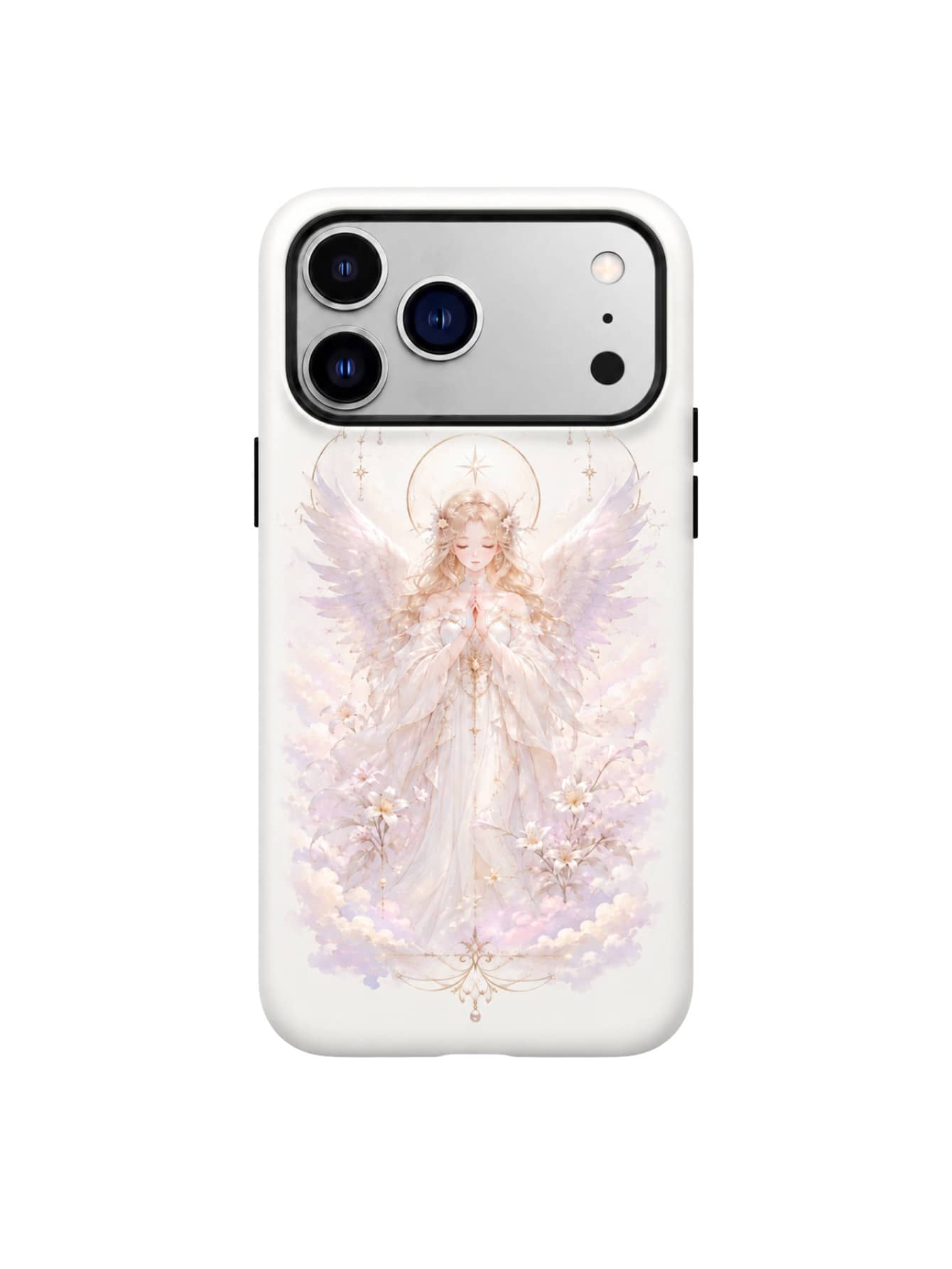 1PC Angel Wings Floral Phone Case, White Pink Angel Prayer Woman Pattern, Glossy Film Dual-Layer Thick Protective Phone Cover, Dreamy Elegant Heavenly Aesthetic, Shockproof Scratch Resistant Case For Phone 11 12 13 14 15 16 17 18 Series, Pro, Pro Max, Plus, Air, Stylish Case For Women Girls Teens, Daily Use, School, Travel, Party, Birthday Christmas Gift, Compatible With More Phone Models - Pink - View 1