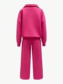 青少年女孩字母圖案刺繡半拉鍊立領運動衫與長褲套裝 - 玫紅色 - 查看 2