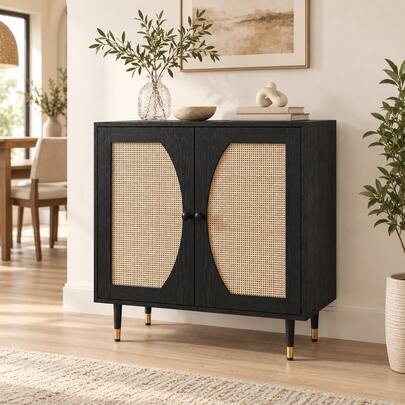 Black Rattan Sideboard With Natural Rattan Doors, Buffet Sideboard Cabinet, Black Rattan Console Table With Storage, Modern Accent Buffet Cabinet With Adjustable Shelves For Living Dining Room