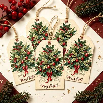 48pcs/Set Label Gantung Kado Natal, Label Kertas Kado Natal, Aksesoris Pembungkus Kado Liburan, Label Suvenir Pesta Musiman, Dekorasi Kemasan Kotak Kado, Ornamen Gantung Pohon Natal, Perlengkapan DIY Liburan Musim Dingin, Dekorasi Pesta Tahun Baru