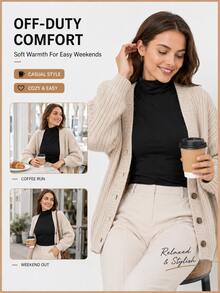 Women's Warm Base Layer Top, Solid Color Crew Neck Long Sleeve Shirt, Soft Elastic Slim Fit Second Skin Basic T-Shirt, Lightweight Outerwear Blouse, Autumn - Black - View 9