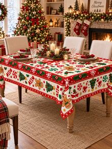 1pc-Retro Gingerbread Man Christmas Table Cover, Red Green Cream Holiday Tablecloth With Candy Cane & Christmas Tree Print, Winter Xmas Dining Room Tabletop Decoration, Lovely Festive Table Linen For Holiday Celebration - Multicolor - View 6