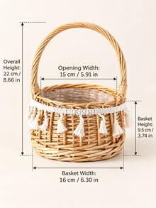 1pc Woven Rattan Basket With Handle, Decorative Ribbon Lace And Tassel Design, Lightweight Handheld Storage Basket, Suitable For Women, Wedding Ceremonies, Party Table Decor, Gift Display, Floral Arrangement And Home Decoration - Multicolor - View 3