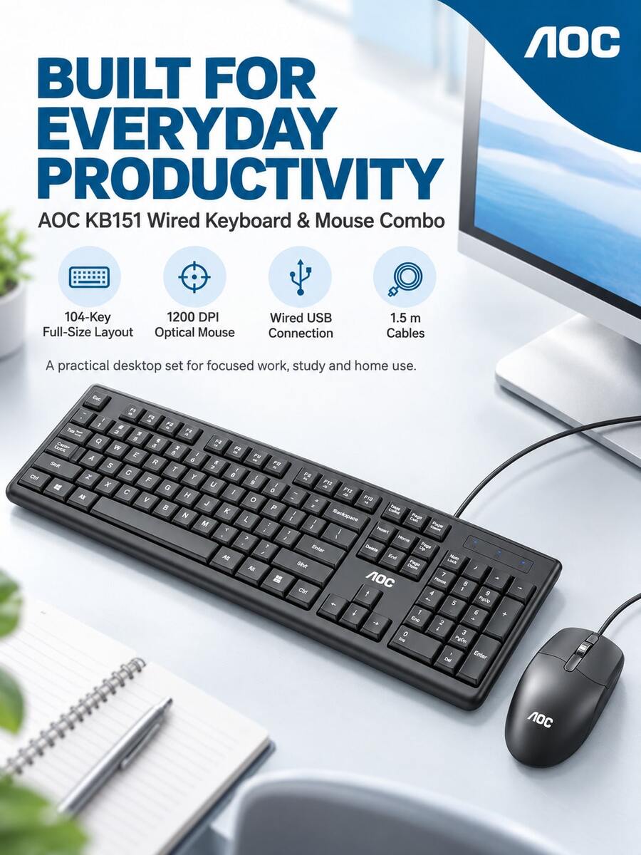 AOC KM151 Keyboard And Mouse Combo Wired Full-Size Office Keyboard Splash-Resistant Plug And Play Computer Keyboard - View 1