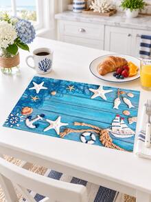 Ocean Nautical Theme Placemats, Blue Wood Grain Starfish Shell Anchor Sailboat Print Table Mats, Suitable For Dining Table Kitchen Beach Vacation Style Home Decor, Party Gathering Setup - Multicolor - View 1