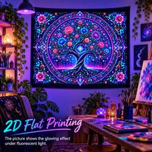 2D Flat Pattern, Single "Tree Of Life" Tapestry, Featuring Vibrant Mandala Design With Floral And Scroll Patterns. It Glows Under Fluorescent Light, Suitable For Wall Decoration, Bedroom Background Decor And Party Decoration. - Multicolor - View 8