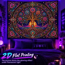 2D Flat Pattern, 1pc, Tree Of Life Tapestry, Vintage Mandala Design, Tree Of Life, Sun, Moon, Flowers, Starry Sky Pattern, Glows Under Fluorescent Light, Suitable For Wall Decor, Hanging, Bedroom Backdrop Or Party Decoration - Multicolor - View 5