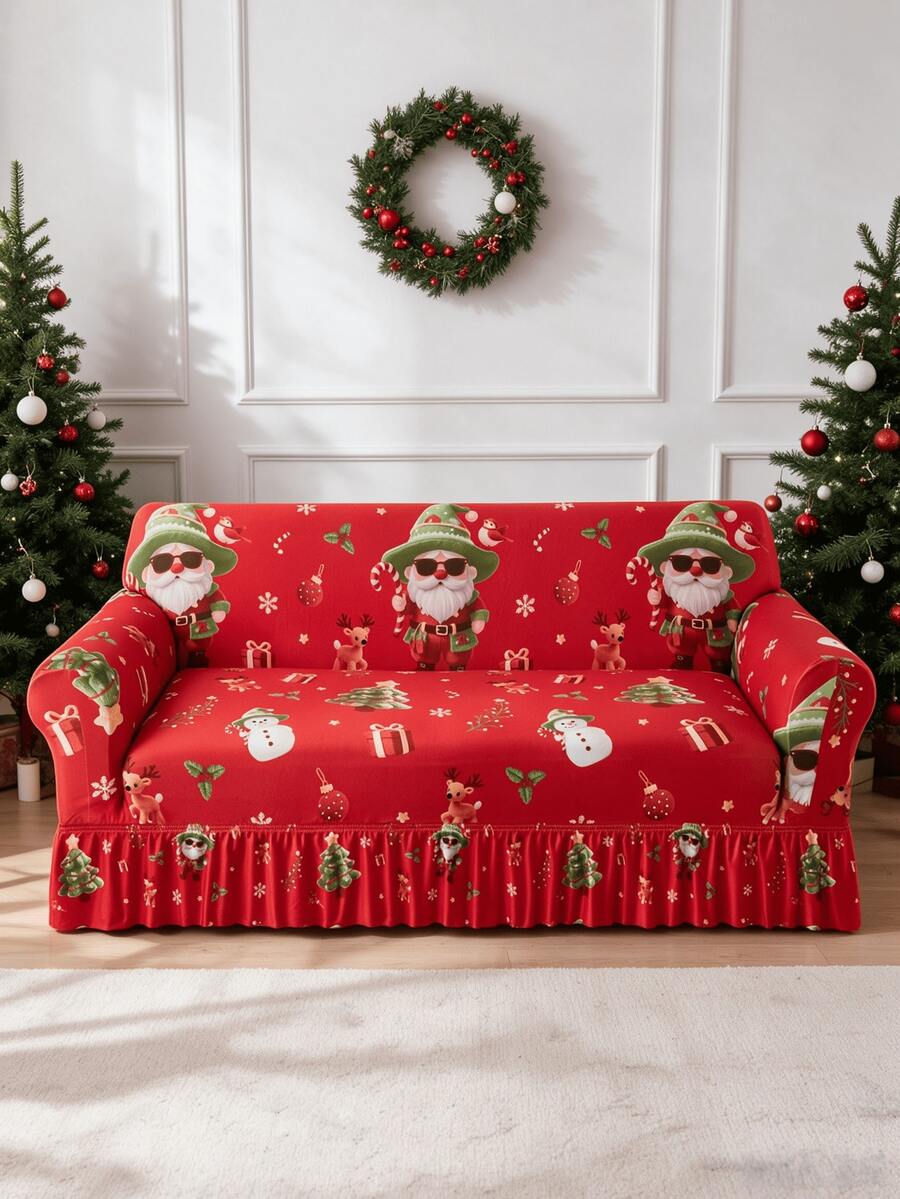 1pc Christmas Santa Claus Ruffle Hem Geometric Pattern Printed Living Room Elastic Spandex Sofa Cover Protector For Chaise Lounge L-Shaped Sofa Cushion Full Coverage 1/2/3/4 Seater