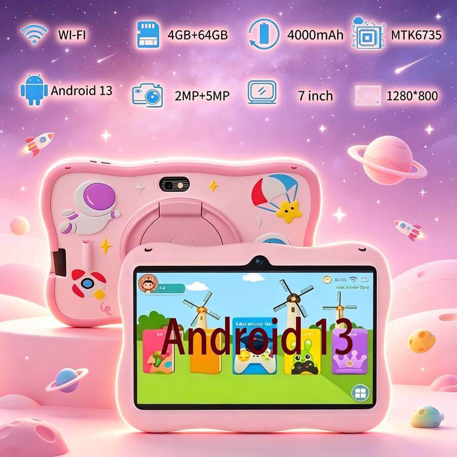 4GB RAM + 64GB ROM / 7 吋平板電腦 / 四核 1.3GHz / Android 13 MTK6735 / 1280x800 HD IPS 螢幕 / 2MP+5MP 鏡頭 / 4000mAh 電池 / WiFi、家長控制、教育、遊戲 / ABS 塑料 + 矽膠，教育平板