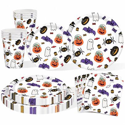 10pcs/20pcs/50pcs/80pcs Halloween Party Supplies White Halloween Paper Plates White Ghost Pumpkin Bat Plates Suitable For Cake Salad Pizza 7 Inch Cute Cartoon Ghost Decorative Round Plates Paper Cups Napkins Halloween Birthday Table Decor Party Supplies