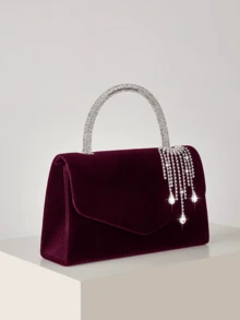 REMANLAND Charming Burgundy Handbag With Crystal Decorated Handle And Draping Details, Elegant Party Clutch Suitable For Banquets, Receptions And Evening Gowns - Burgundy - View 3