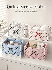 Sweet Polka Dot Quilted Fabric Storage Bin, Rectangular Soft Storage Box With Bow Decoration, Large Capacity Multi-Functional Storage Box, Suitable For Cosmetics, Snacks, Ideal For Desktop, Bathroom And Bedroom Home Storage - Multicolor - View 6