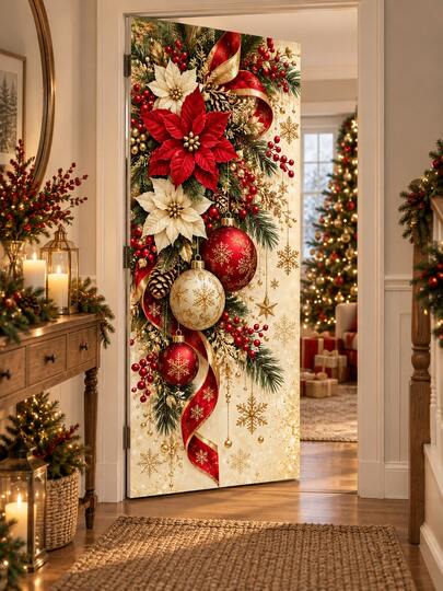 Christmas Elastic Door Curtain, Red & Gold Poinsettia And Christmas Ball Print Elastic Front Door Cover, Holiday Home Indoor/Outdoor Door Decor, Christmas Party Entrance Decoration