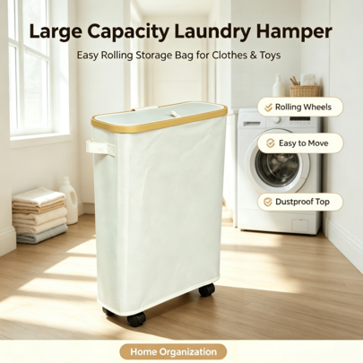42L Laundry Basket With Lid And Wheels, Foldable Freestanding Dirty Clothes Hamper With Handle And Sturdy Frame, Collapsible Storage Bin For Bathroom, Bedroom, Dorm, Laundry Room