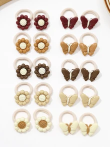 10pcs Children's Brown High Elastic Hair Ties, Sweet Hair Accessories With Butterflies And Flowers, Suitable For Girls' Daily Hair Styling - Multicolor - View 5