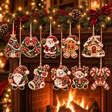 10pcs Christmas Diamond Painting Hanging Ornaments Set - Pearl Rhinestone DIY Diamond Art Hanging Decor, With Santa Claus, Snowman, Reindeer, Gingerbread Man Patterns, Suitable For Christmas Tree, Fireplace Decoration, Holiday Home Party Scenes, Perfect Handmade Creative Gift For Adults - View 7