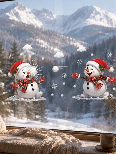 2pcs Christmas Snowman Window Stickers, Cute Cartoon Winter Snowman With Christmas Hat, Scarf And Snowflake Design, Easy To Install Double-Sided Visible Static Window Decals, Suitable For Bedroom, Living Room, Door Glass Holiday Home Decor