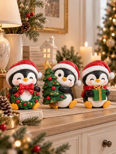 1 pieza Figura de mesa de pingüino navideño, 3 estilos de pingüino festivo lindo con corona, árbol de Navidad o caja de regalo, decoración festiva de escritorio para estantería, repisa y mesa, regalo de decoración navideña