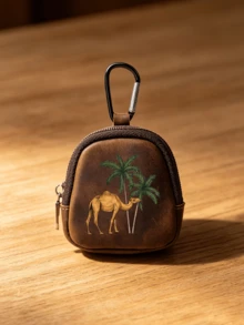 Vintage Camel Palm Tree Mini Leather Coin Purse With Carabiner, Earphone & Key Storage Bag, Portable PU Leather Earphone Organizer, Outdoor Travel Mini Bag - Multicolor - View 4