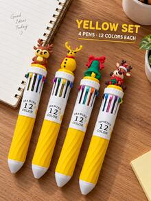 4pcs Christmas Theme 12-Color Ballpoint Pens With Santa Claus, Reindeer And Other Designs, Suitable For Students' Daily Writing, Party Gifts, Note-Taking, And As Christmas Gifts For Children From Parents - Multicolor - View 6