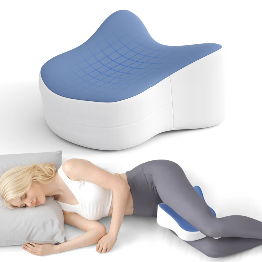 1pc Ergonomic Memory Foam Leg Pillow, Contoured To Leg Curve, Side Sleeping Leg Support Pillow, Removable Washable Pillowcase, Home Rest Bedroom Sofa Multi-Scenario Sleep Pillow - Blue and White - View 1