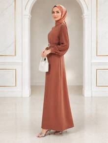 Women's Elegant Long Dress, Pleated Long Sleeve With Belt, Flowy Dress, Unique Formal Gown, Suitable For Wedding Guest, Party, Evening Event And Vacation Wear - Burnt Orange - View 5