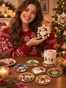 6pcs Christmas Bling Rhinestone Coaster 1 Piece, Santa Snowman Reindeer 2-In-1 Table Coaster & Tree Hanging Ornament, Fall Table Decor, Great Thanksgiving Christmas Holiday Gift, Sparkly Home Table Accessory - Multicolor - View 3