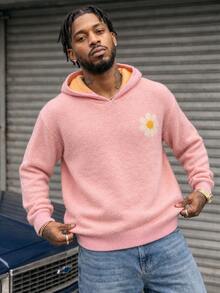 BLACKTOEXIT Men's Loose Casual College Floral Hooded Knit Sweater, Autumn/Winter - Pink - View 1