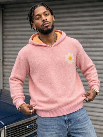 BLACKTOEXIT Men's Loose Casual College Floral Hooded Knit Sweater, Autumn/Winter