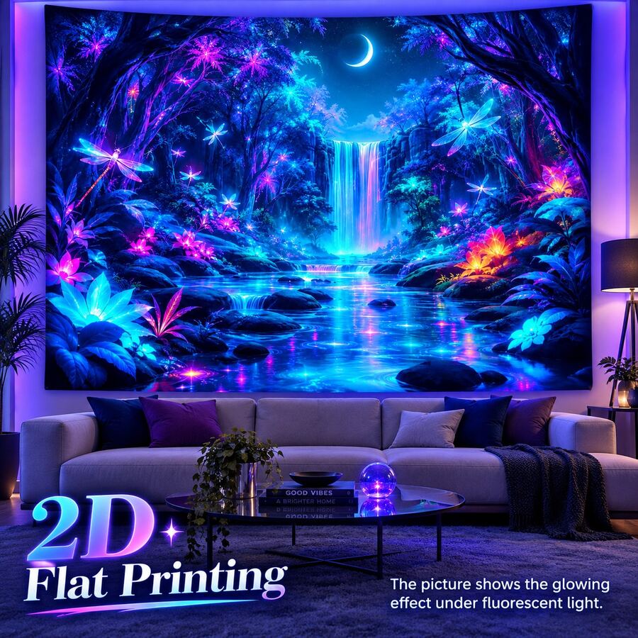 2D Flat Pattern, Single Piece, Forest Waterfall Tapestry, Dreamy Forest Waterfall, Dragonfly, Crescent Moon, Stream, Glowing Flower Pattern, Glows Under Fluorescent Light, Wall Decor, Hanging Fabric, Bedroom Backdrop, Party Decoration - Multicolor - View 1
