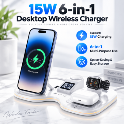 6 In 1 Magnetic Wireless Charging Station For Phone, Smart Watch & Earbuds, Multi-Device Desktop Charger Stand, Foldable Fast Wireless Charger Compatible With Iphone