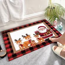 1pc Soft Faux Cashmere Material Floor Mat, Christmas Cartoon Santa Claus & Reindeer Pattern, Plaid Decor Non-Slip Mat, Suitable For Kitchen, Bathroom, Entrance, Bedroom Door, Multi-Scene Use Anti-Slip Floor Mat, Room Decor, Holiday Gift - Multicolor - View 6
