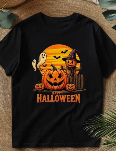 Uroczy T-shirt z grafiką na Halloween, casualowa koszulka z okrągłym dekoltem i krótkim rękawem, top z nadrukiem dyni, ducha, stracha na wróble i zachodu słońca