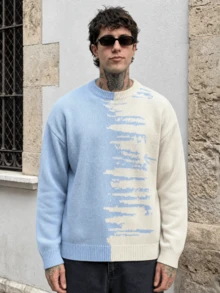 Men's Fashion Casual Versatile Colorblock Crew Neck Long Sleeve Loose Ribbed Knit Sweater, Daily Home Commute Outerwear Top, Autumn/Winter - Blue - View 1
