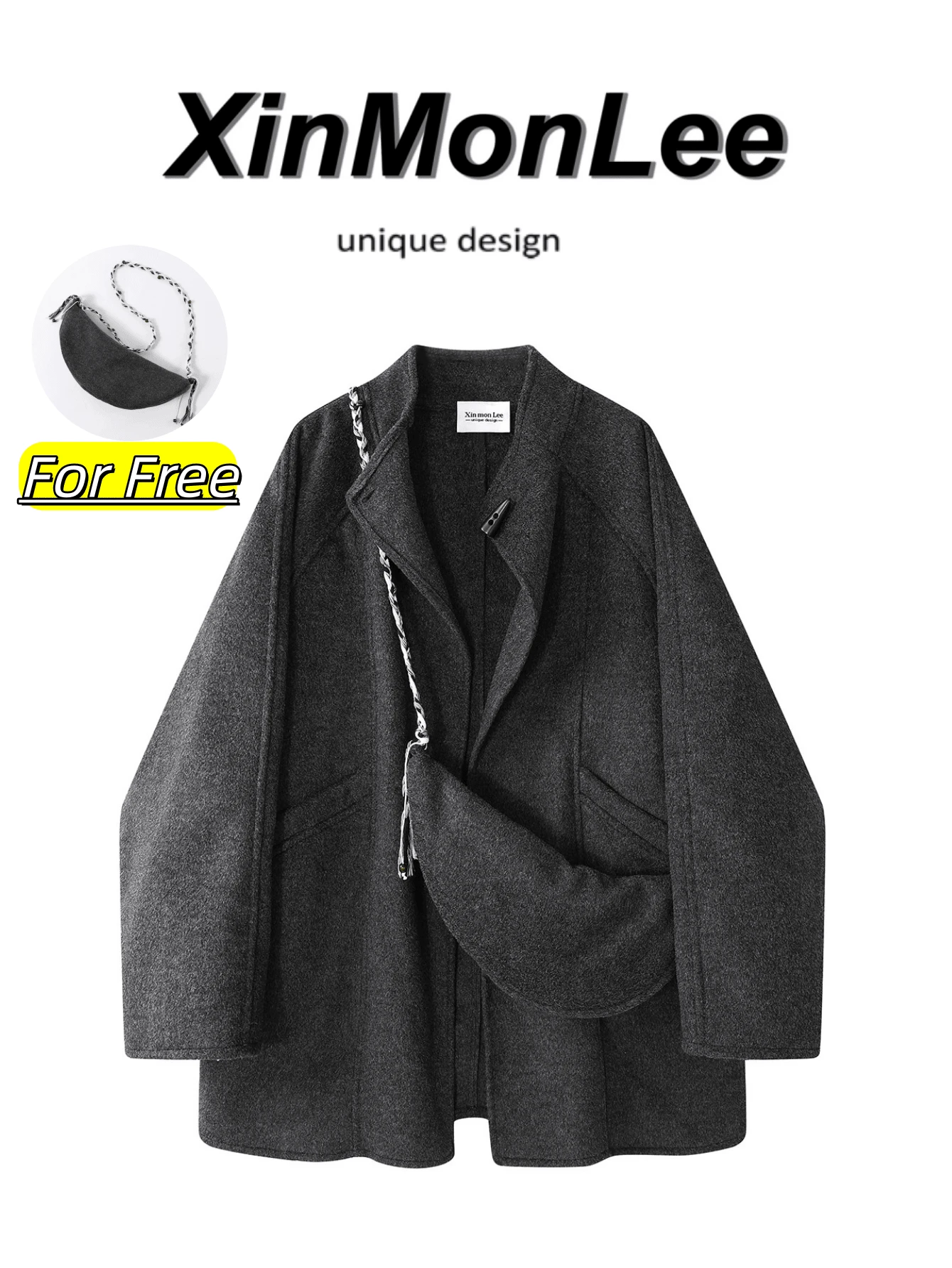 Horn Button Design Korean Style Vintage Mid-Length Overcoat Button-Up Jacket For Evening Date, Campus, Daily Wear, Autumn/Winter - Dark Grey - View 1