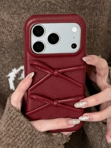 Vintage 3D Bow Red Lychee Texture Back Cover Protective Case, Compatible With Iphone 18 Pro Max, 18 Pro, 17 Pro Max, 17 Pro, 16, 15, 14, 13 Pro Max, 16, 14, 15, 17, Minimalist Shockproof Soft Shell - Red - View 3