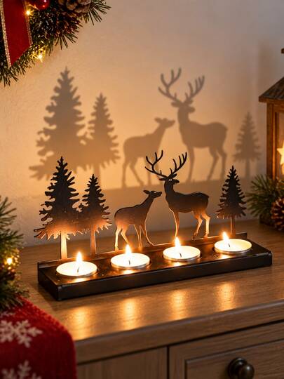 1pc Deer Candle Holder Woodland Forest Silhouette Tabletop Decor Rustic Style Black Holiday Centerpiece Seasonal Home Decoration For Fireplace Mantel Dining Table Entryway Living Room Winter Christmas Party Display Farmhouse Accent
