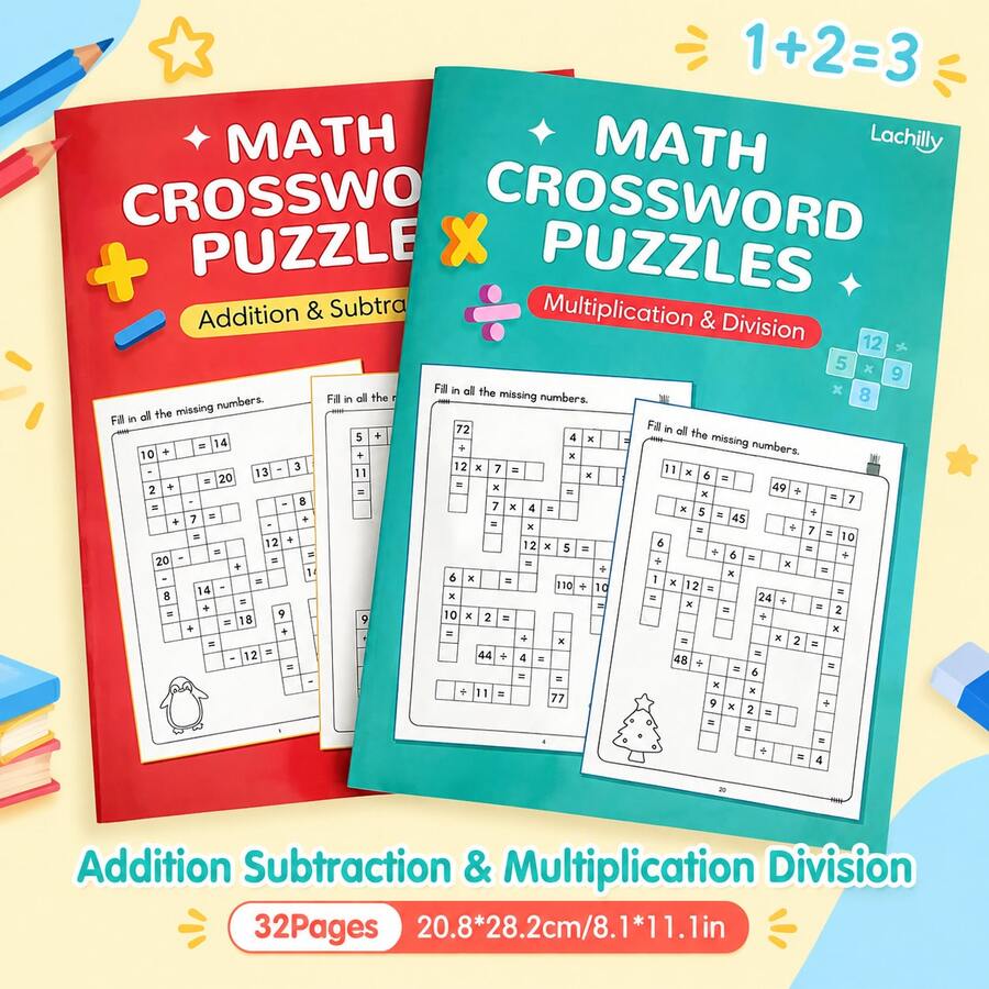 Lachilly Children's Math Crossword Puzzle Workbook, Addition Subtraction Multiplication Division Operation Practice Book, Children's Education STEM Learning Toy