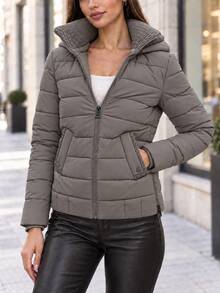 Women's Textured Collar Zip Up Hooded Quilted Padded Jacket With Flap Pockets - Grey - View 1