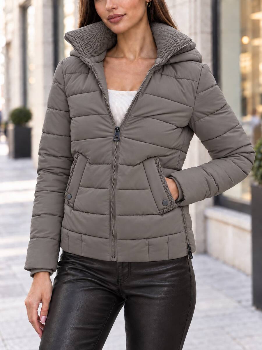 Women's Textured Collar Zip Up Hooded Quilted Padded Jacket With Flap Pockets - Grey - View 1