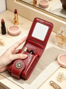 Kotak Penyimpanan Lipstik Mini Kulit Sintetis dengan Cermin Terintegrasi, Kantong Lip Gloss Motif Kupu-kupu Retro dengan Penutup Jepit, Tempat Kosmetik Ukuran Saku - MultiWarna - View 9
